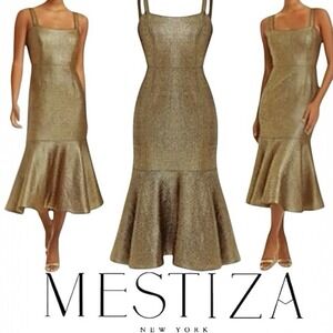 Mestiza New York Gold Tweed Dress Size 4 Flutter Hem Midi Tea Length